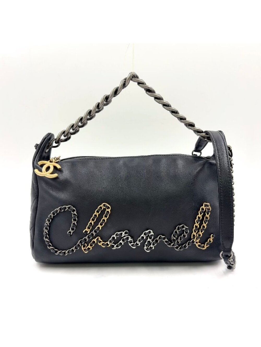 Chanel Logo Mark Leather Black Shoulder Bag Silver